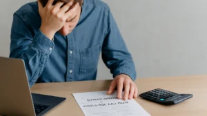 Zmartwiona osoba analizuje dokumenty chwilówek i pożyczek ratalnych z laptopem i kalkulatorem