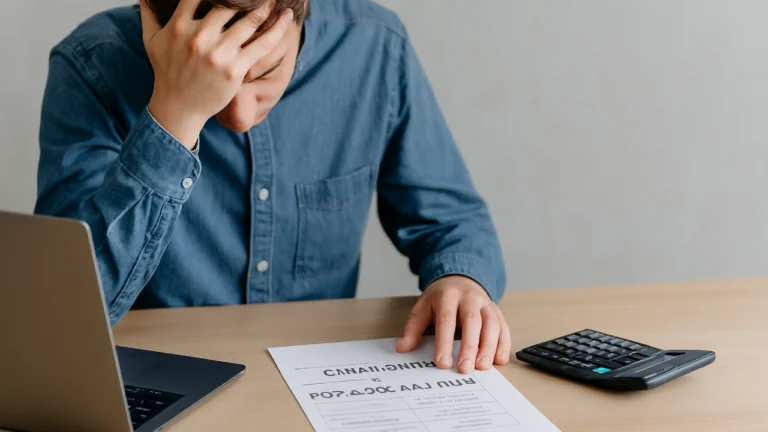 Zmartwiona osoba analizuje dokumenty chwilówek i pożyczek ratalnych z laptopem i kalkulatorem