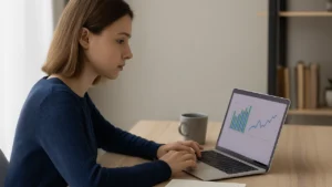 Młoda osoba analizuje dane inwestycyjne na laptopie, obok notatnik i kubek kawy