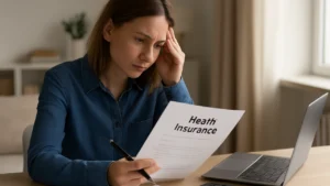 Osoba analizująca ofertę ubezpieczenia zdrowotnego z dokumentami i laptopem przy biurku.