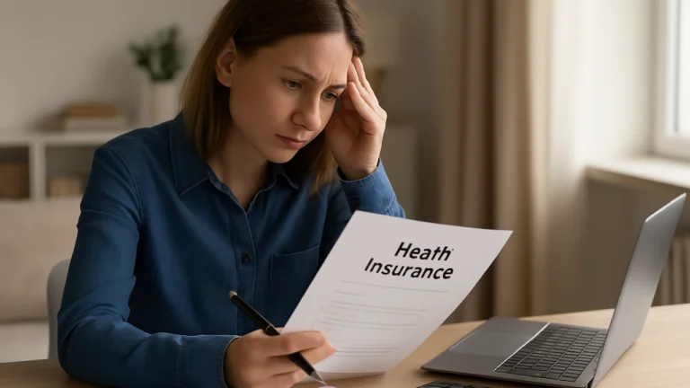 Osoba analizująca ofertę ubezpieczenia zdrowotnego z dokumentami i laptopem przy biurku.