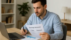 Mężczyzna analizuje warunki lokaty i konta oszczędnościowego przy laptopie i dokumentach
