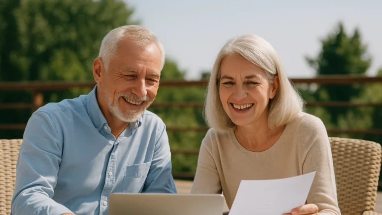 Szczęśliwa para planująca oszczędzanie na emeryturę z pomocą IKE lub IKZE.