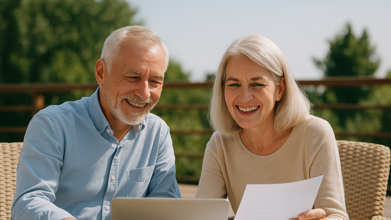 Szczęśliwa para planująca oszczędzanie na emeryturę z pomocą IKE lub IKZE.