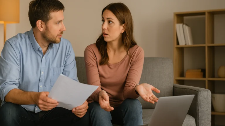 Para siedzi na kanapie i omawia dokumenty związane z kredytem hipotecznym, laptop na stole